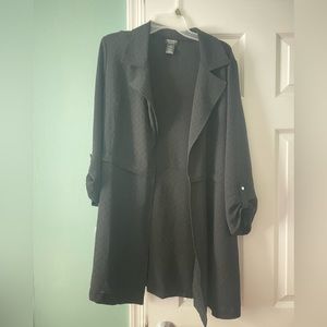 Black shacket. Lightweight. Minimal stamped pattern. Optional cinch at waist.